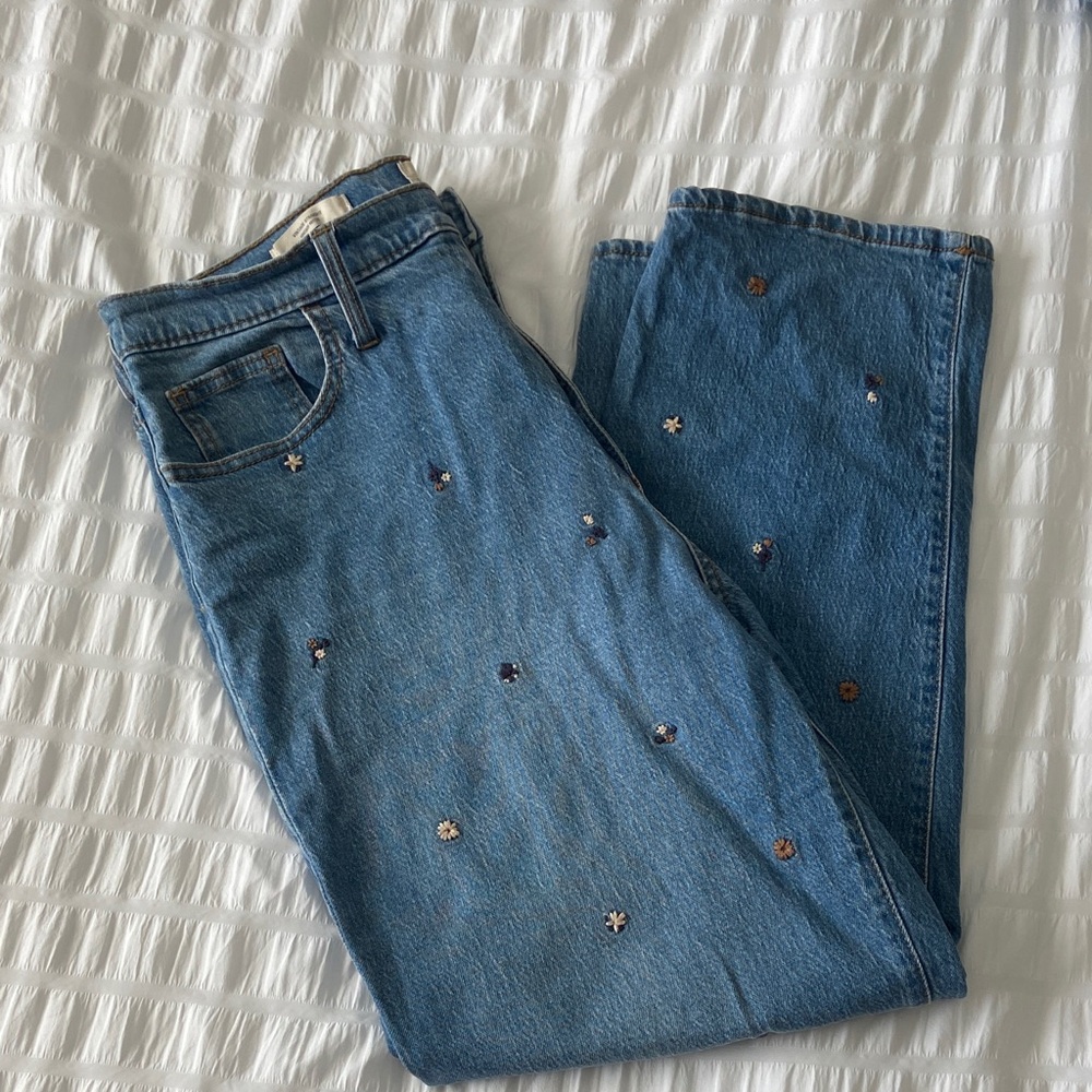 Universal Thread Blue Straight Leg Jeans with Floral Accents